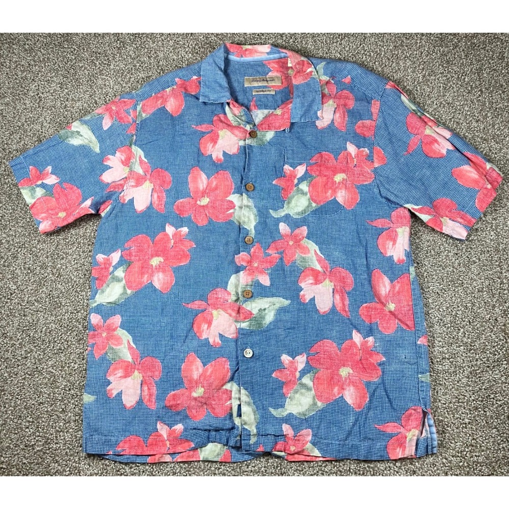 Tommy Bahama Mens Blue Red Floral 100% Linen Short Sleeve Button Up Shirt M